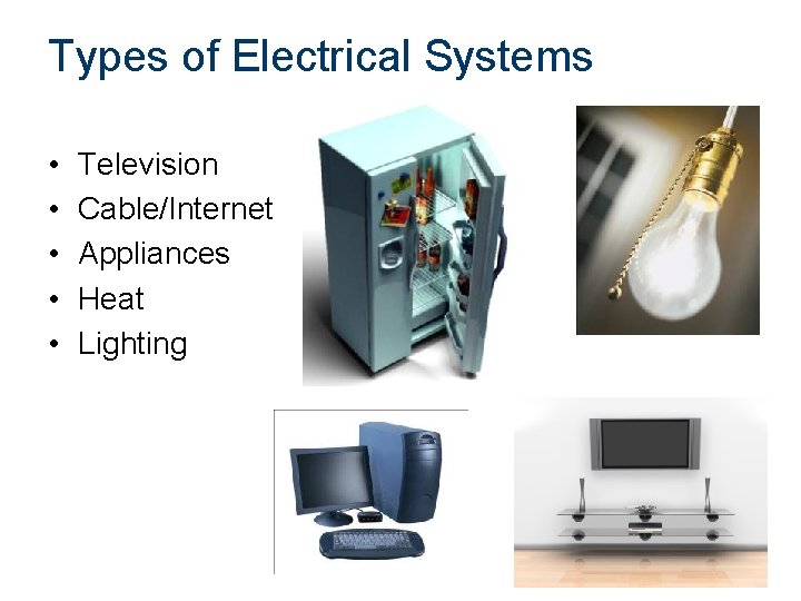 Types of Electrical Systems • • • Television Cable/Internet Appliances Heat Lighting 