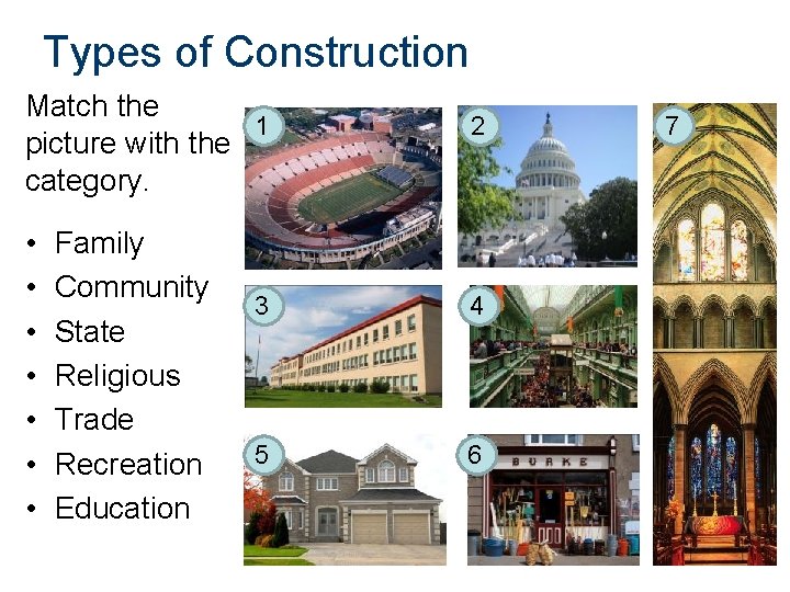 Types of Construction Match the 1 picture with the category. • • Family Community