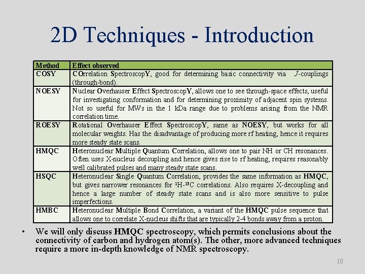 2 D Techniques - Introduction Method COSY NOESY ROESY HMQC HSQC HMBC • Effect