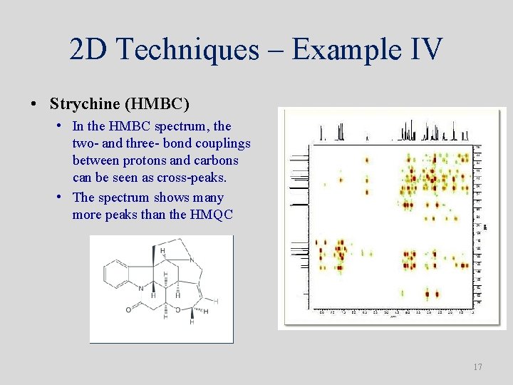 2 D Techniques – Example IV • Strychine (HMBC) • In the HMBC spectrum,