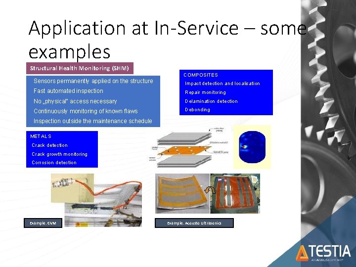 Application at In-Service – some examples Structural Health Monitoring (SHM) COMPOSITES Sensors permanently applied