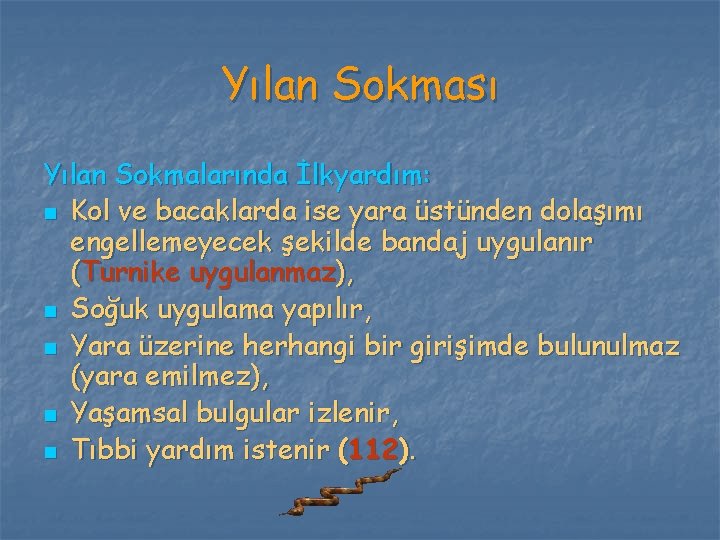 Yılan Sokması Yılan Sokmalarında İlkyardım: n Kol ve bacaklarda ise yara üstünden dolaşımı engellemeyecek