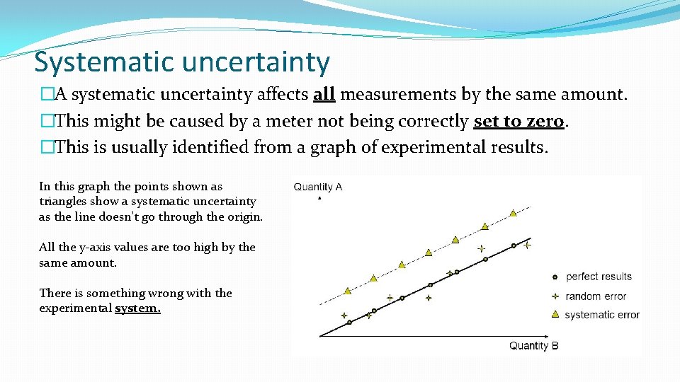 Systematic uncertainty �A systematic uncertainty affects all measurements by the same amount. �This might