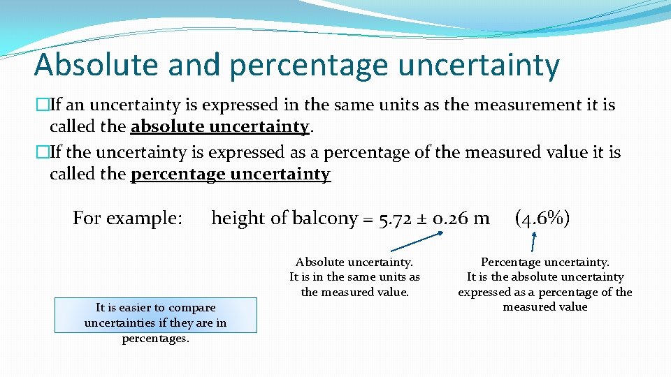 Absolute and percentage uncertainty �If an uncertainty is expressed in the same units as