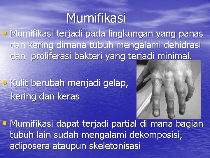 Mumifikasi • Mumifikasi terjadi pada lingkungan yang panas dan kering dimana tubuh mengalami dehidrasi