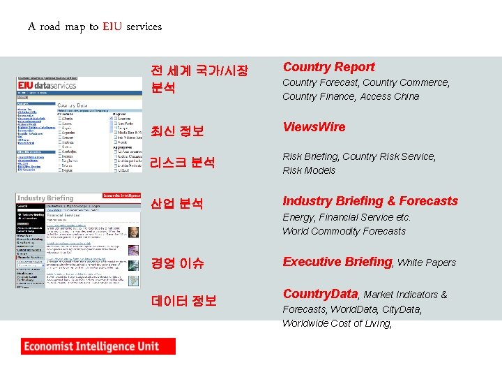 A road map to EIU services 전 세계 국가/시장 분석 Country Report 최신 정보