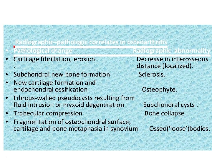  • • • Radiographic–pathologic correlates in osteoarthritis Pathological change Radiographic abnormality Cartilage fibrillation,