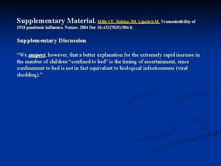 Supplementary Material. Mills CE, Robins JM, Lipsitch M. Transmissibility of 1918 pandemic influenza. Nature.