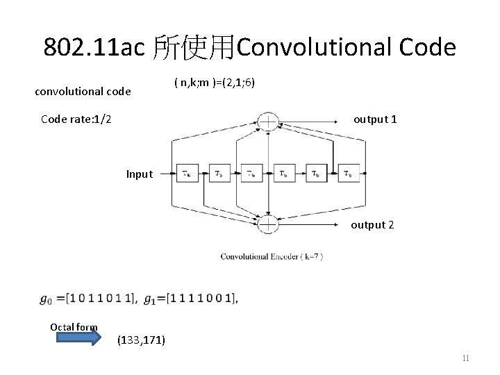 802. 11 ac 所使用Convolutional Code convolutional code Code rate: 1/2 ( n, k; m