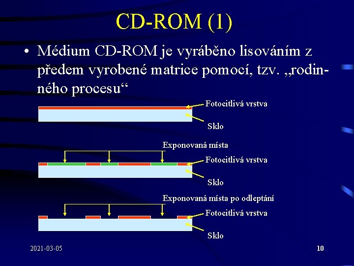 CD-ROM (1) • Médium CD-ROM je vyráběno lisováním z předem vyrobené matrice pomocí, tzv.