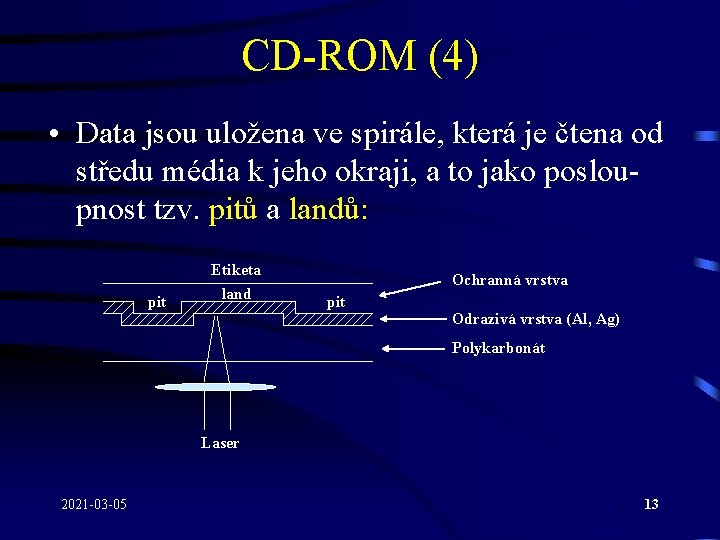 CD-ROM (4) • Data jsou uložena ve spirále, která je čtena od středu média