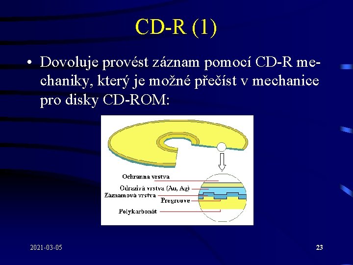 CD-R (1) • Dovoluje provést záznam pomocí CD-R mechaniky, který je možné přečíst v