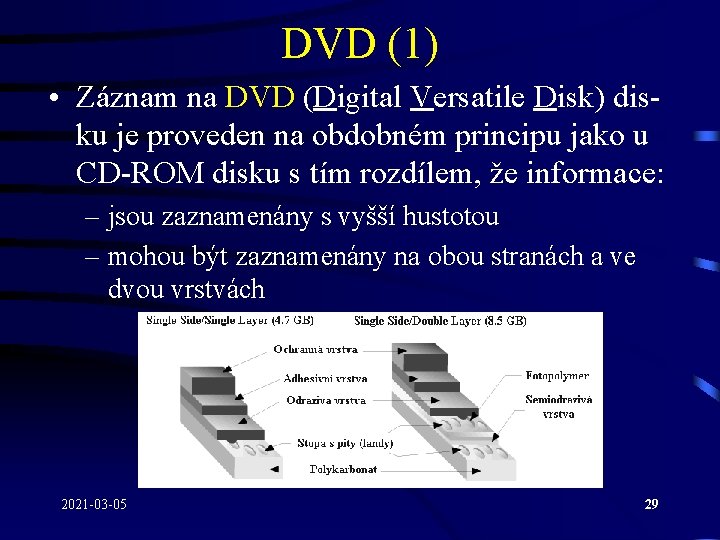 DVD (1) • Záznam na DVD (Digital Versatile Disk) disku je proveden na obdobném
