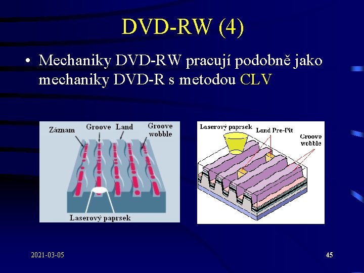 DVD-RW (4) • Mechaniky DVD-RW pracují podobně jako mechaniky DVD-R s metodou CLV 2021