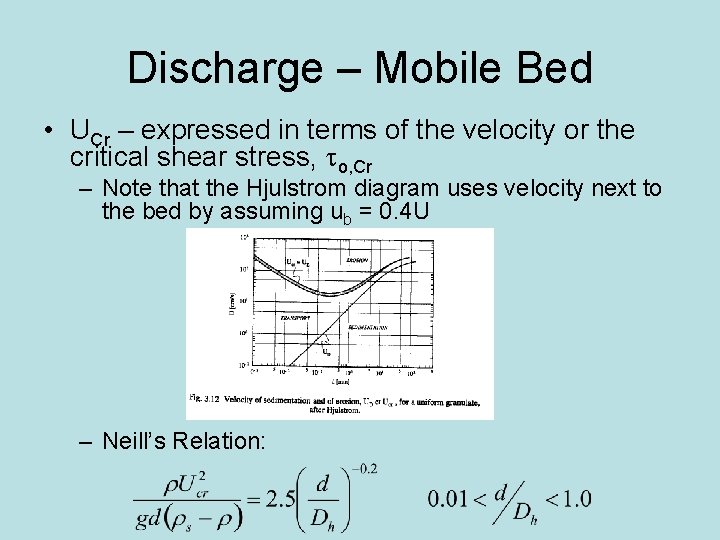Discharge – Mobile Bed • UCr – expressed in terms of the velocity or