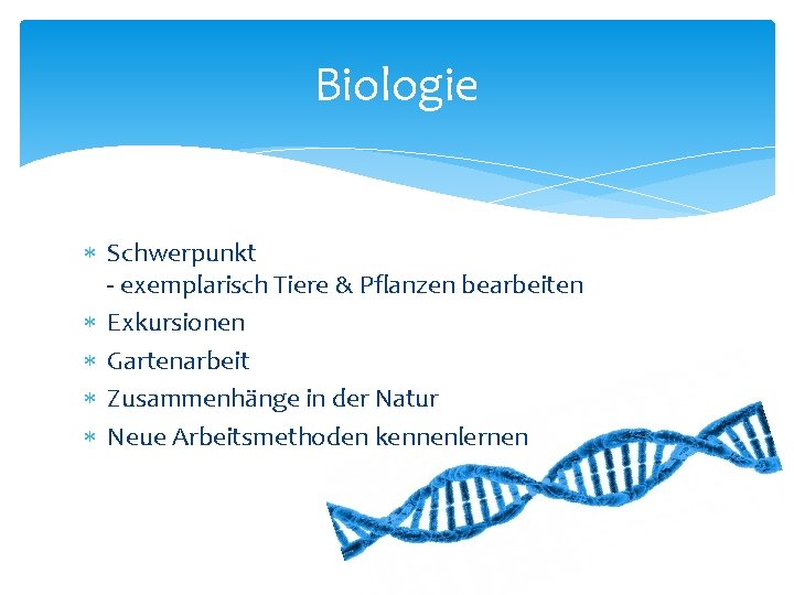 Biologie Schwerpunkt - exemplarisch Tiere & Pflanzen bearbeiten Exkursionen Gartenarbeit Zusammenhänge in der Natur