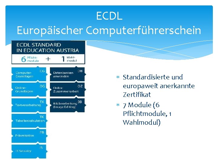 ECDL Europäischer Computerführerschein Standardisierte und europaweit anerkannte Zertifikat 7 Module (6 Pflichtmodule, 1 Wahlmodul)