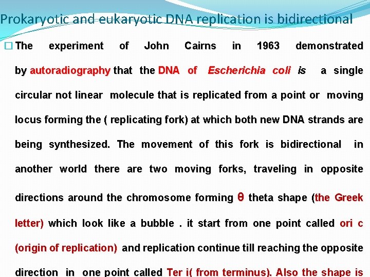 Prokaryotic and eukaryotic DNA replication is bidirectional � The experiment of John Cairns in Prokaryotic and eukaryotic DNA replication is bidirectional � The experiment of John Cairns in