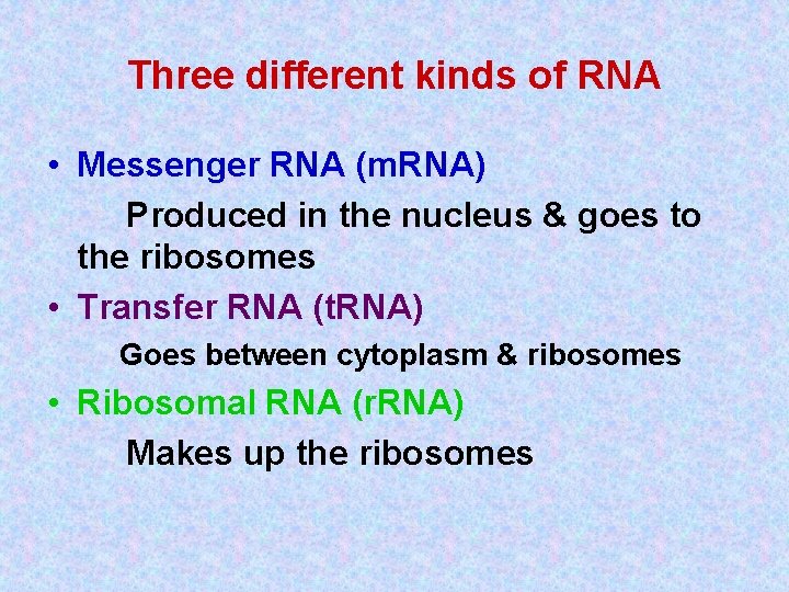 Three different kinds of RNA • Messenger RNA (m. RNA) Produced in the nucleus Three different kinds of RNA • Messenger RNA (m. RNA) Produced in the nucleus