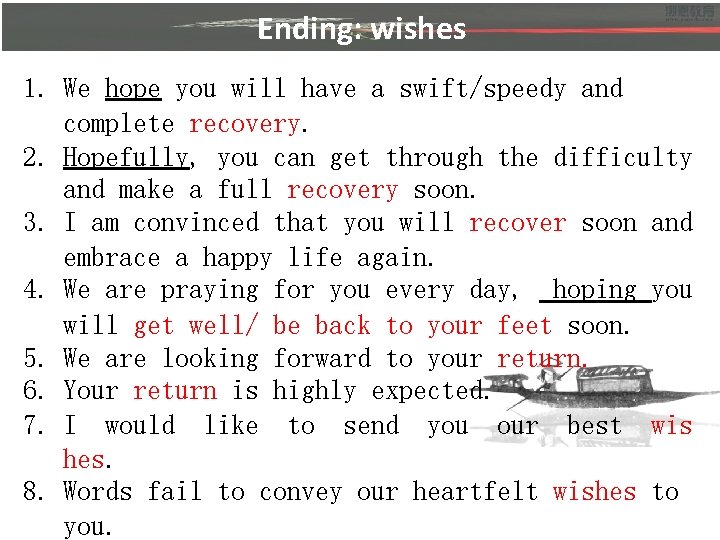 Ending: wishes 1. We hope you will have a swift/speedy and complete recovery. 2.