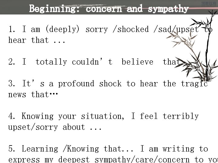 Beginning: concern and sympathy 1. I am (deeply) sorry /shocked /sad/upset to hear that.