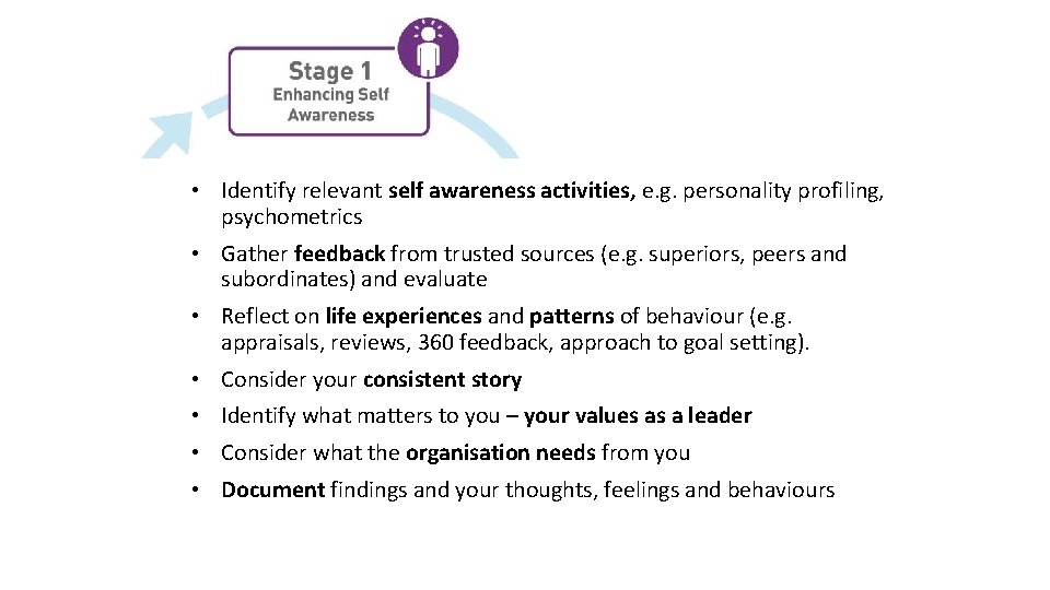  • Identify relevant self awareness activities, e. g. personality profiling, psychometrics • Gather