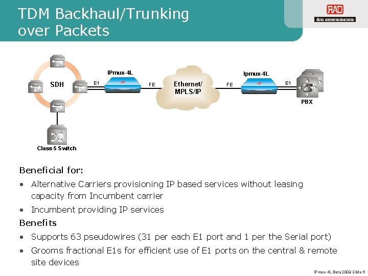 TDM Backhaul/Trunking over Packets IPmux-4 L SDH E 1 Ipmux-4 L FE Ethernet/ MPLS/IP TDM Backhaul/Trunking over Packets IPmux-4 L SDH E 1 Ipmux-4 L FE Ethernet/ MPLS/IP