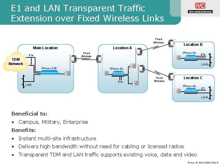 E 1 and LAN Transparent Traffic Extension over Fixed Wireless Links Fixed Wireless Main E 1 and LAN Transparent Traffic Extension over Fixed Wireless Links Fixed Wireless Main