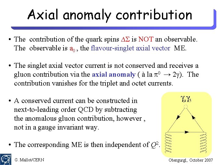 Axial anomaly contribution • The contribution of the quark spins ∆Σ is NOT an