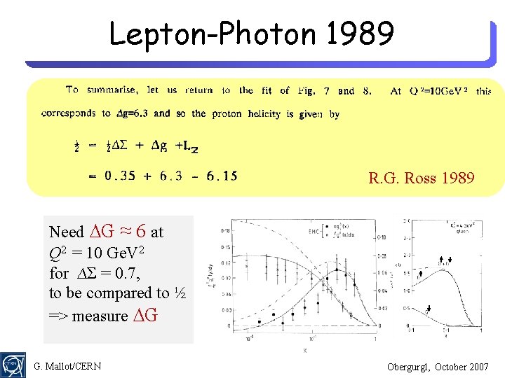 Lepton-Photon 1989 R. G. Ross 1989 Need ∆G ≈ 6 at Q 2 =