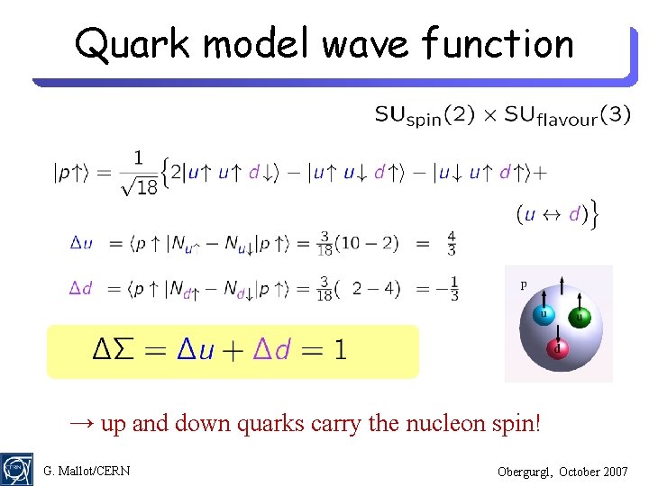 Quark model wave function → up and down quarks carry the nucleon spin! G.