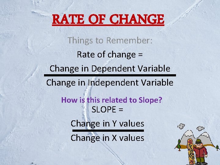 RATE OF CHANGE Things to Remember: Rate of change = Change in Dependent Variable