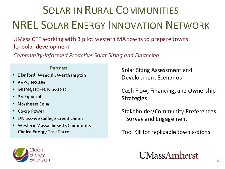 SOLAR IN RURAL COMMUNITIES NREL SOLAR ENERGY INNOVATION NETWORK UMass CEE working with 3 SOLAR IN RURAL COMMUNITIES NREL SOLAR ENERGY INNOVATION NETWORK UMass CEE working with 3