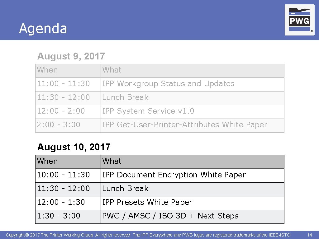 Agenda ® August 9, 2017 When What 11: 00 - 11: 30 IPP Workgroup