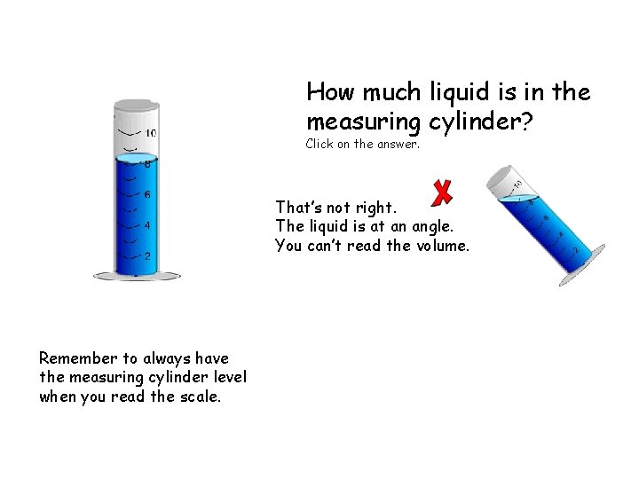 How much liquid is in the measuring cylinder? Click on the answer. That’s not