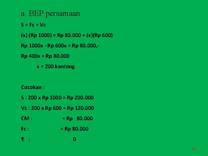 a. BEP persamaan S = Fc + Vc (x) (Rp 1000) = Rp 80.