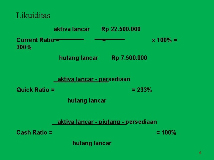 Likuiditas aktiva lancar Current Ratio = 300% Rp 22. 500. 000 = hutang lancar