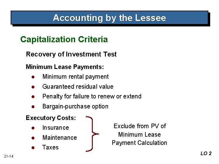 Accounting by the Lessee Capitalization Criteria Recovery of Investment Test Minimum Lease Payments: l