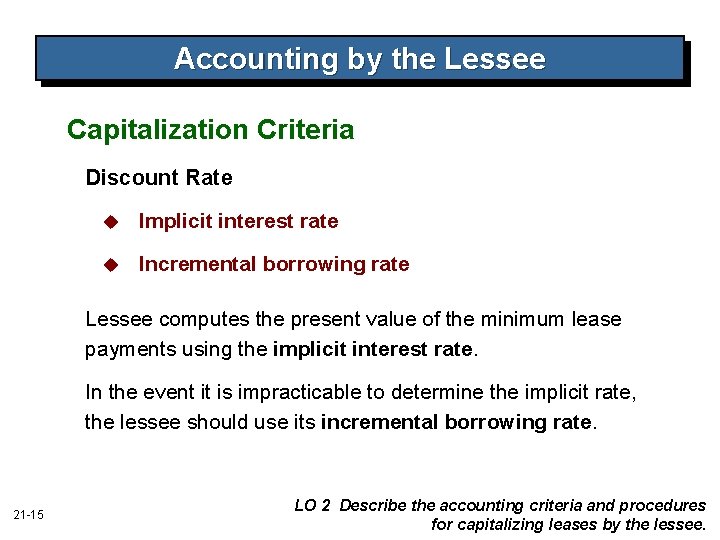 Accounting by the Lessee Capitalization Criteria Discount Rate u Implicit interest rate u Incremental