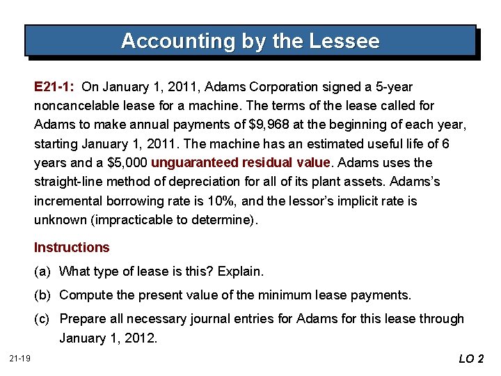 Accounting by the Lessee E 21 -1: On January 1, 2011, Adams Corporation signed