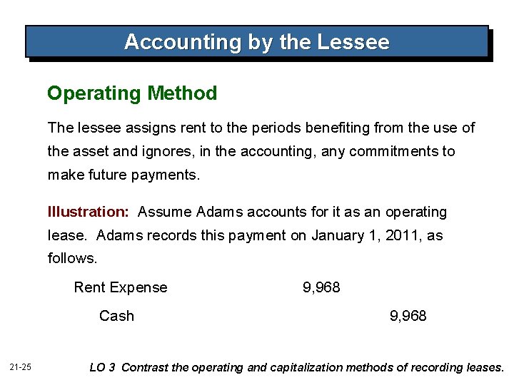 Accounting by the Lessee Operating Method The lessee assigns rent to the periods benefiting