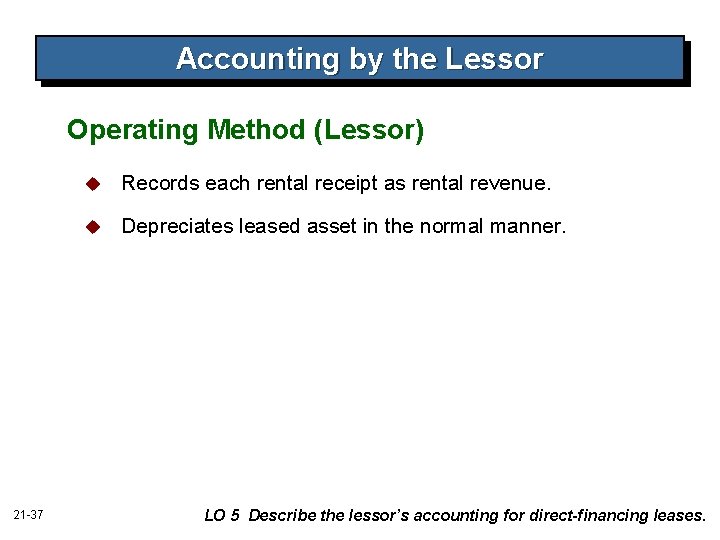 Accounting by the Lessor Operating Method (Lessor) 21 -37 u Records each rental receipt