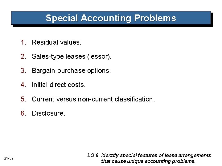 Special Accounting Problems 1. Residual values. 2. Sales-type leases (lessor). 3. Bargain-purchase options. 4.