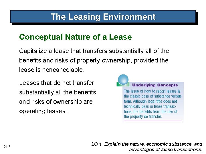 The Leasing Environment Conceptual Nature of a Lease Capitalize a lease that transfers substantially