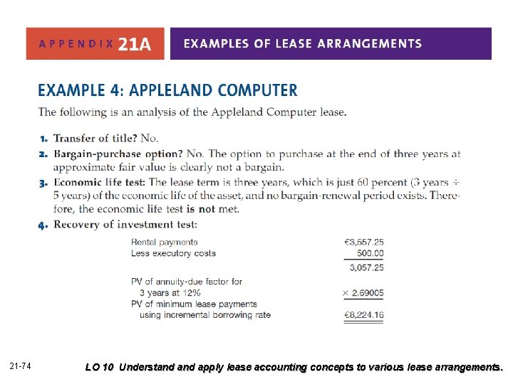 21 -74 LO 10 Understand apply lease accounting concepts to various lease arrangements. 