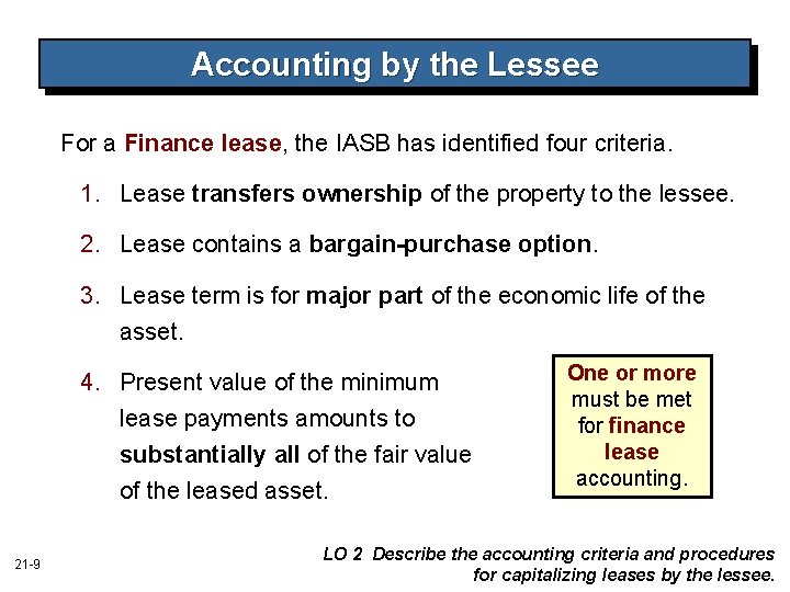 Accounting by the Lessee For a Finance lease, the IASB has identified four criteria.