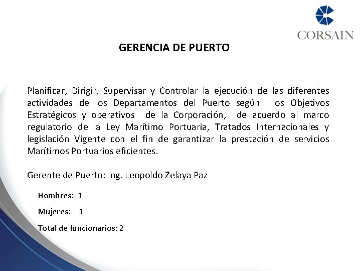 GERENCIA DE PUERTO Planificar, Dirigir, Supervisar y Controlar la ejecución de las diferentes actividades GERENCIA DE PUERTO Planificar, Dirigir, Supervisar y Controlar la ejecución de las diferentes actividades