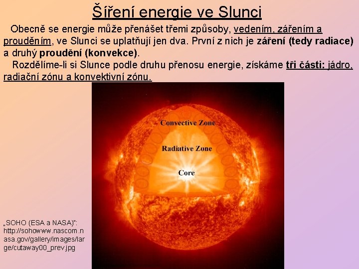 Šíření energie ve Slunci Obecně se energie může přenášet třemi způsoby, vedením, zářením a