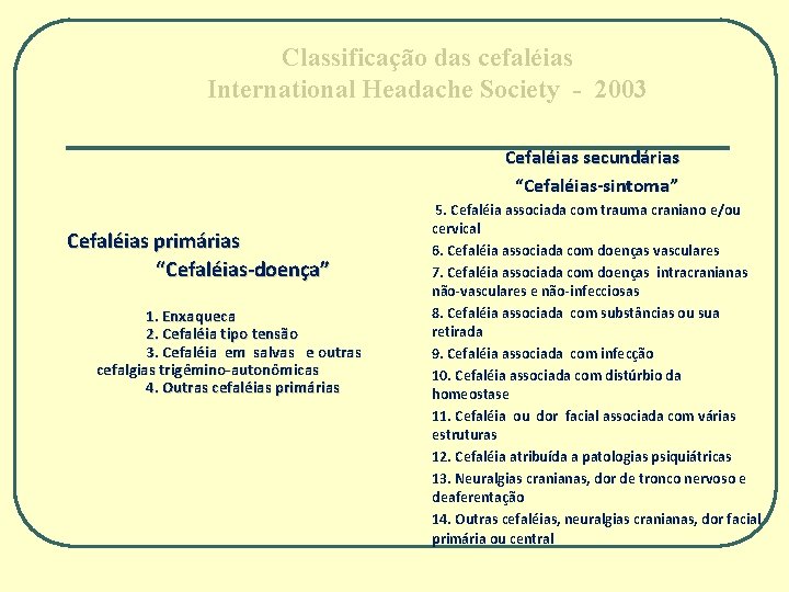 Classificação das cefaléias International Headache Society - 2003 Cefaléias secundárias “Cefaléias-sintoma” Cefaléias primárias “Cefaléias-doença”