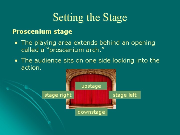 Setting the Stage Proscenium stage • The playing area extends behind an opening called